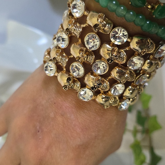 Statement Gold Stretch Bracelet Skulls and Cubic Zirconia - Picture 8 of 9